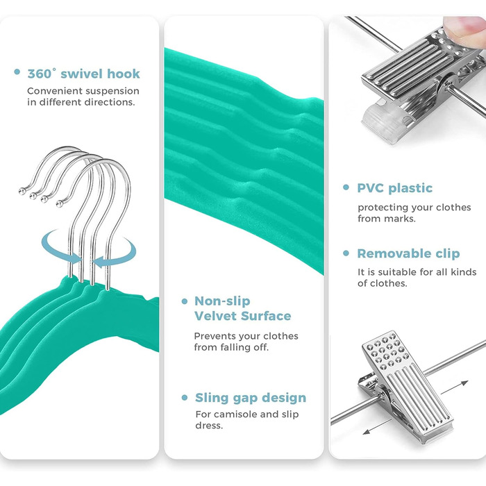 Преміум велюрові плечики VECELO з металевими кліпсами, антиковзкі та компактні, з 1 чарівним плечиком та 2 тримачами для краваток, ідеальні для жінок та чоловіків, 20 шт. (20-PACK, блакитно-зелений/Відтінок раю)