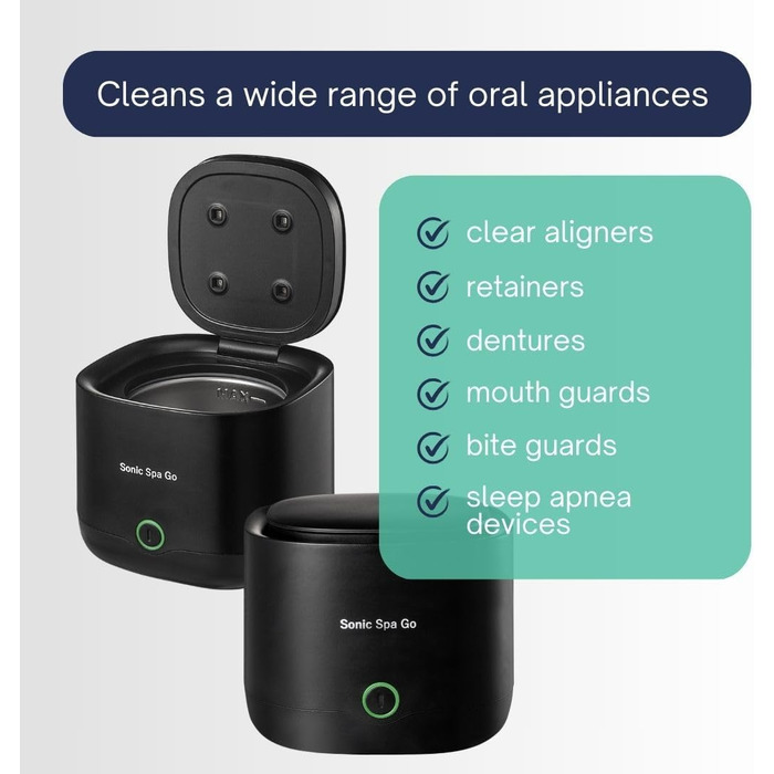 Ультразвуковий очищувач для елайнерів, ретейнерів та протезів з таблетками Boostab - портативний бездротовий пристрій для Invisalign, капп, захисних кап та зубних апаратів (чорний)