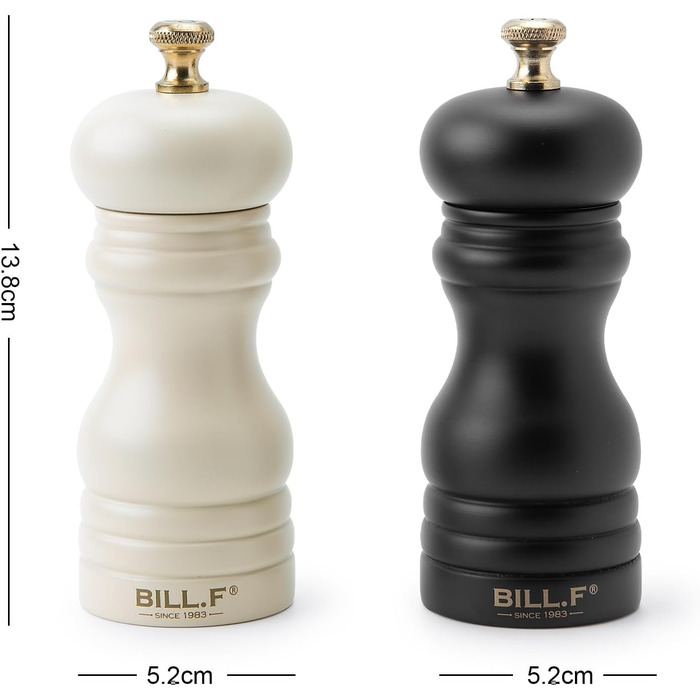 Набір для солі та перцю Bill.F, 2 шт., дерев'яні, ручні, з регульованим керамічним млином, 13,5 см (чорний та кремовий)