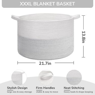 TIMEYARD XXL Large Laundry Basket, Storage Basket, Children's Laundry Basket, Storage Basket for Toys Cotton Rope, Basket with Handles for Blankets and Pillows, 55x35cm, White with