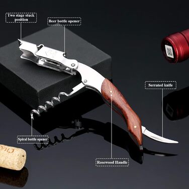 Kyraton Відкривачка для вина 3-в-1 з різаком для фольги, нержавіюча сталь, дерев'яний грифель, професійна для барів та ресторанів, набір (1 шт.)