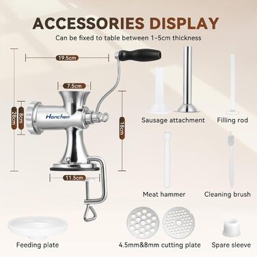 М'ясорубка ручна Hanchen з нержавіючої сталі з присоскою, насадкою для ковбас, 2 дисками та шреддером для овочів - посудомийна