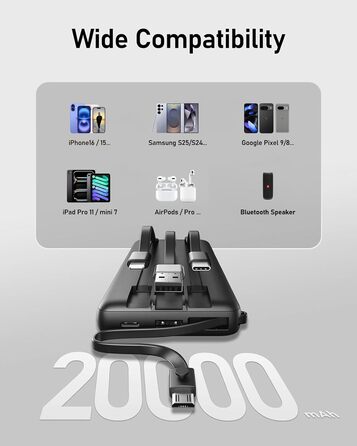 Power Bank 10000mAh з LED дисплеєм та інтегрованими кабелями. Сумісний з iPhone, iPad, Samsung, Xiaomi, Google Pixel. Чорний