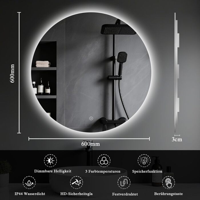 Дзеркало для ванної кімнати з підсвічуванням LED, антизапотівання, сенсорне управління, регулювання яскравості, 3 кольори світла, функція пам'яті, захист від вибуху, кругле дзеркало 50 см (діаметр), 60x60 см (розміри)