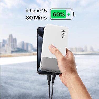 Power Bank JUOVI 20000mAh з швидкою зарядкою 45W, 2xUSB-C, 2xUSB-A, LED-індикатор, для телефону, ноутбука, планшета - білий J2621