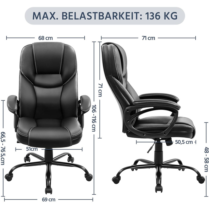 Офісне крісло Yaheetech - зручний комп'ютерний стілець з високою спинкою, регульована висота, штучна шкіра, м'який матеріал, чорний колір