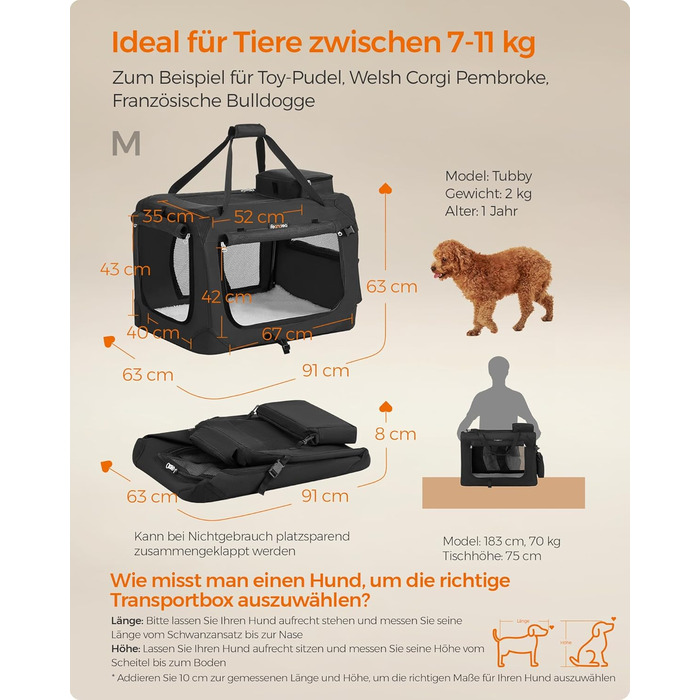 Клітка для собак Feandrea, переноска для собак, чорна, 60 x 42 x 42 см, з ручками та кишенями