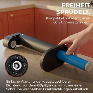 Luckymoose Infinity-S: Газована вода з нержавіючої сталі (Чорний/Чорний) + 2 пляшки 1.25л. Машина для газування води з гігієнічною насадкою