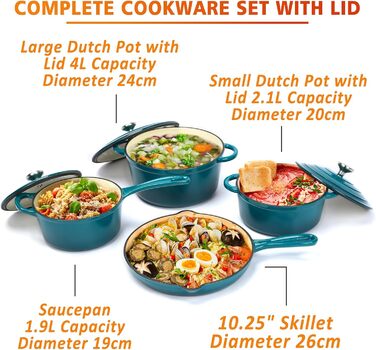 Набір чавунної емальованої посуду Denmay 7 предметів: голландська піч, сковорода, каструля для тушкування, соусник, 3 кришки. Підходить для всіх типів плит, з органайзером, блакитний