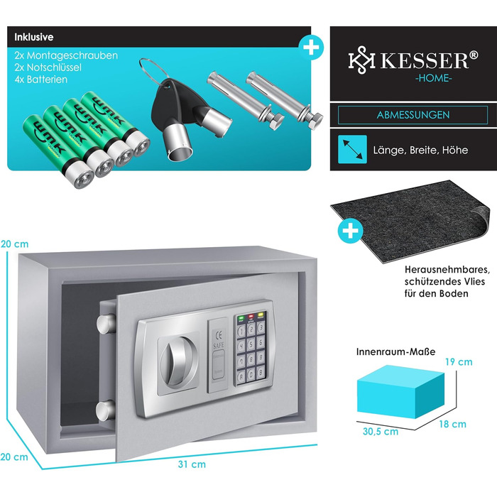 Електронний сейф KESSER® 31x20x20 см зі світлодіодним дисплеєм, подвійним ригелем, кріпленням для стіни та меблів, внутрішнім освітленням, сріблястий