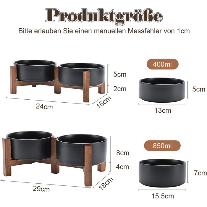 Миска для собак SpunkyJunky з кераміки, подвійна, піднята, з підставкою з акації, для котів та собак (400 мл, чорна)