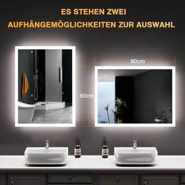 Дзеркало для ванної кімнати з підсвічуванням 50x70 см, LED, антизапарник, 2 кольори світла (3000K/6500K), прямокутне, горизонтальне/вертикальне, без рами