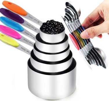 TILUCK Measuring Cups and Magnetic Measuring Spoons, Stainless Steel Measuring Cups, 6 Double-Sided Stainless Steel Measuring Spoons and 1 Leveler (5+7)