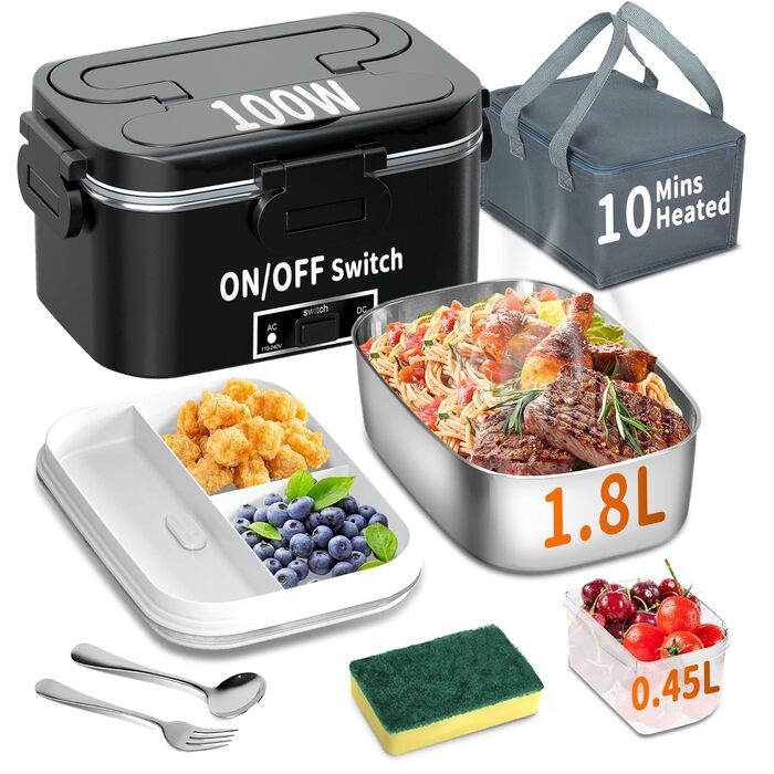 Електрична ланчбокс SOOOEC 100W, 3-в-1, з нержавіючої сталі, 12V/24V/220V, для авто/офісу, з ізольованою сумкою (Оранжево-чорний), об'єм 1.8L