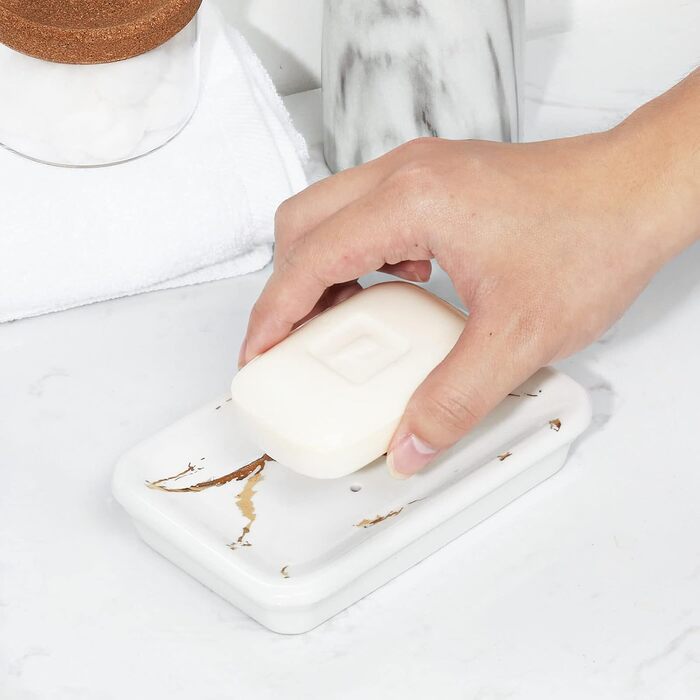 Підставка для мила Shinowa з подвійним шаром та знімним контейнером для води, білий мармур з золотим візерунком