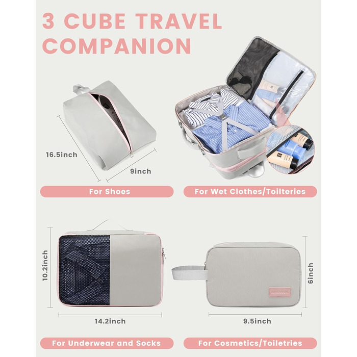 Рюкзак LOVEVOOK 30-40L для ручної поклажі, розширюваний, для ноутбука 17 дюймів, антикрадійний, чорний (17,3 дюйми, рожево-сірий)