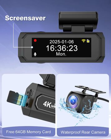 Відеореєстратор Chortau 4K+1080P з WiFi, 64GB, паркувальний режим, Super Night Vision, WDR, 170° та G-Sensor, чорний