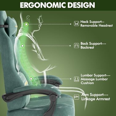 Геймерське крісло Ferghana Ergonomisch LW220: зручне крісло для комп'ютера з підголівником, підтримкою спини, підлокітниками та підставкою для ніг (зелений)