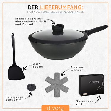 DIVORY Crepe Pan Induction 28 cm, Pancake Pan with Batter Dispenser & Wooden Spatula, Omelette Pan Induction, Flat Coated Pancake, Pizza Frying Pan (Black, Wok 30cm)