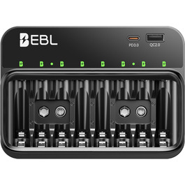 Зарядний пристрій EBL для акумуляторів AA, AAA, 9V, сумісний з NI-MH, USB-C PD3.0 та Micro USB, швидка зарядка