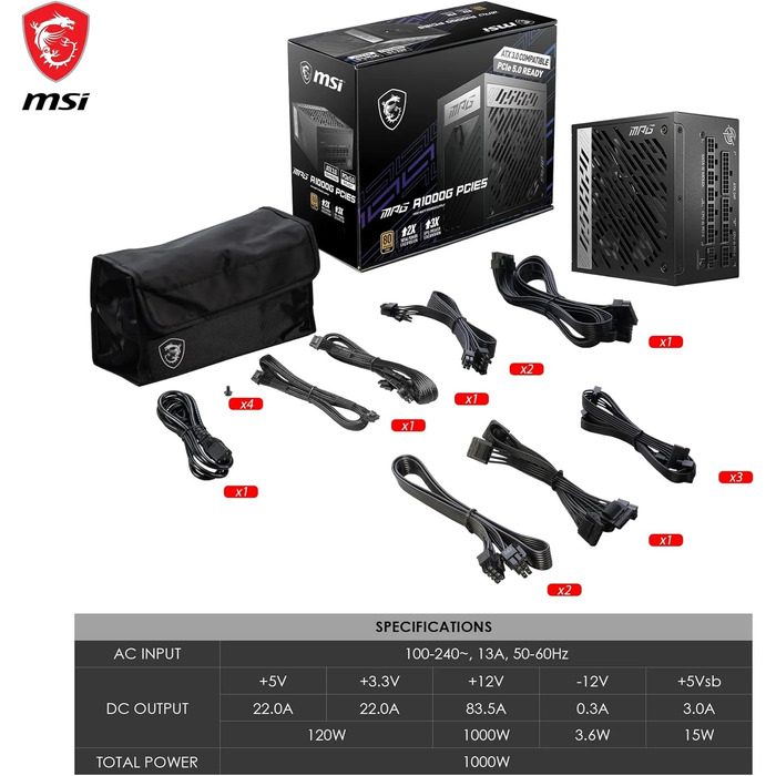 Блок живлення MSI MPG A1000G PCIE5 1000W, 80 Plus Gold, ATX 3.0, PCIe 5.0, повністю модульний