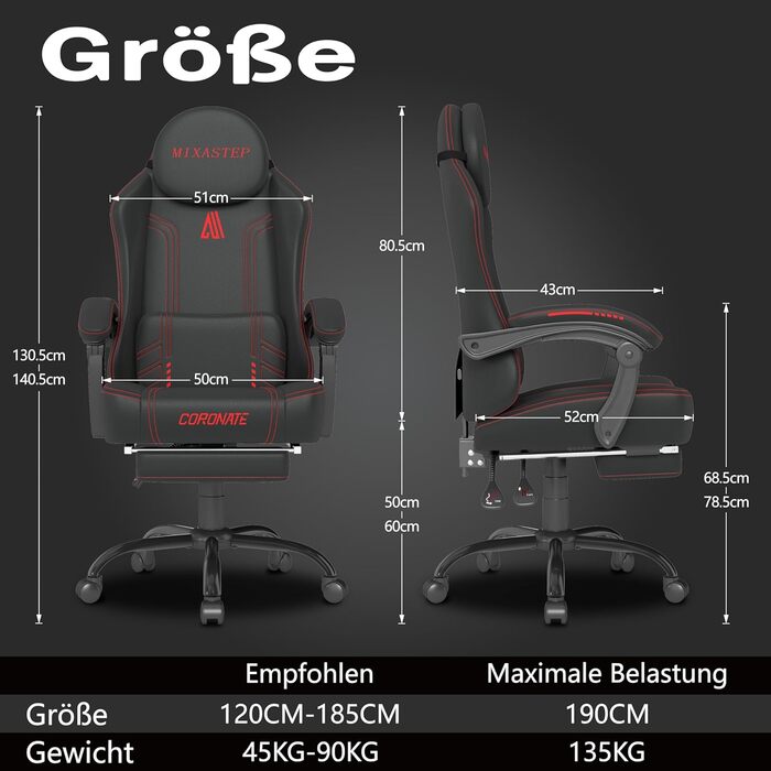 Ігровий стілець Ergonormic з регульованою спинкою та поворотом 360° - офісний стілець для дорослих/підлітків до 150 кг, тканинний червоний для дому/ігор