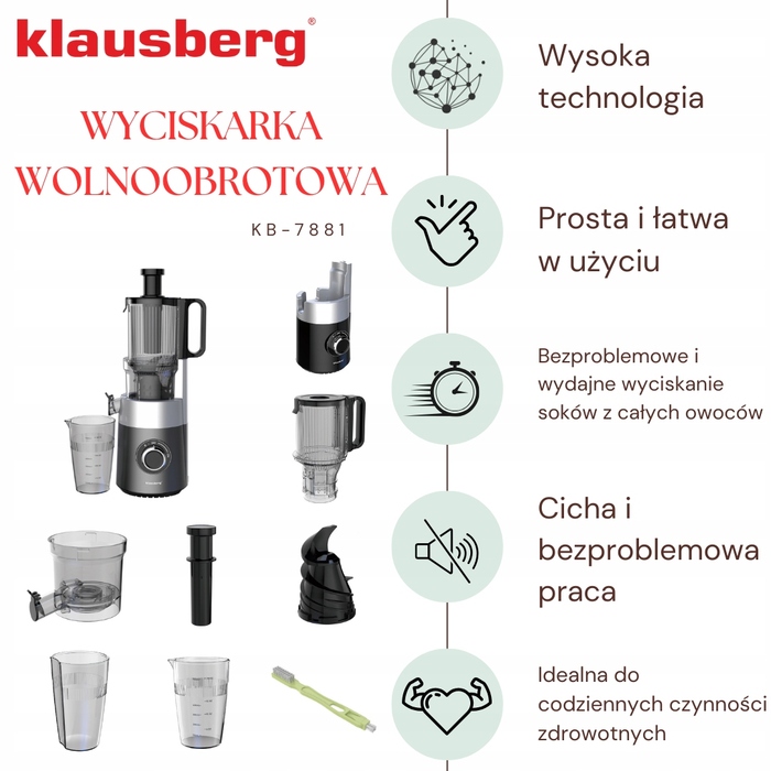Горизонтальна шнекова соковижималка Klausberg KB 7881, 180 Вт