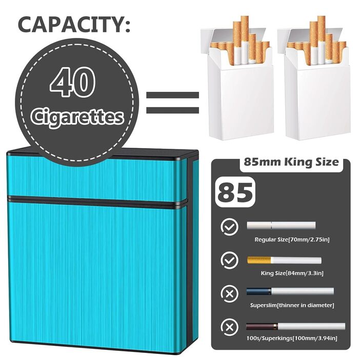 Металеве тютюнопакувальник для 40 сигарет, великий, з магнітною кришкою, сигаретна коробка XXL, для жінок та чоловіків (блакитний)