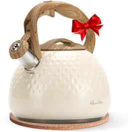 Чайник для плити Harriet Teekessel, 2.5 QT з флейтою, з 5-шаровим дном, з нержавіючої сталі, з термостійкою ручкою, підходить для газових та електричних плит, червоний глянцевий (бежево-білий глянцевий)