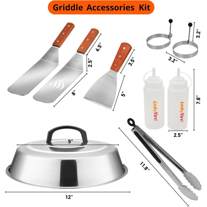 Набір лопаток для гриля Onlyfire FPA-5117: 9 шт. з нержавіючої сталі, для плоских грилів та сковорідок-грилів