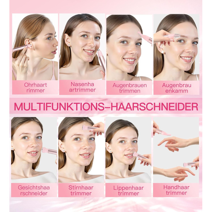 Електричний тример для обличчя для жінок 3-в-1: тример для брів, волосся на обличчі, носа. Бездротовий, вологостійкий, рожевий