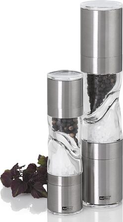 AdHoc DUOMILL PURE MP900 комбінована млинниця для солі та перцю, нержавіюча сталь та акрил, керамічні жорна, подвійна млинниця з ароматозахистом, подарункова упаковка, срібляста