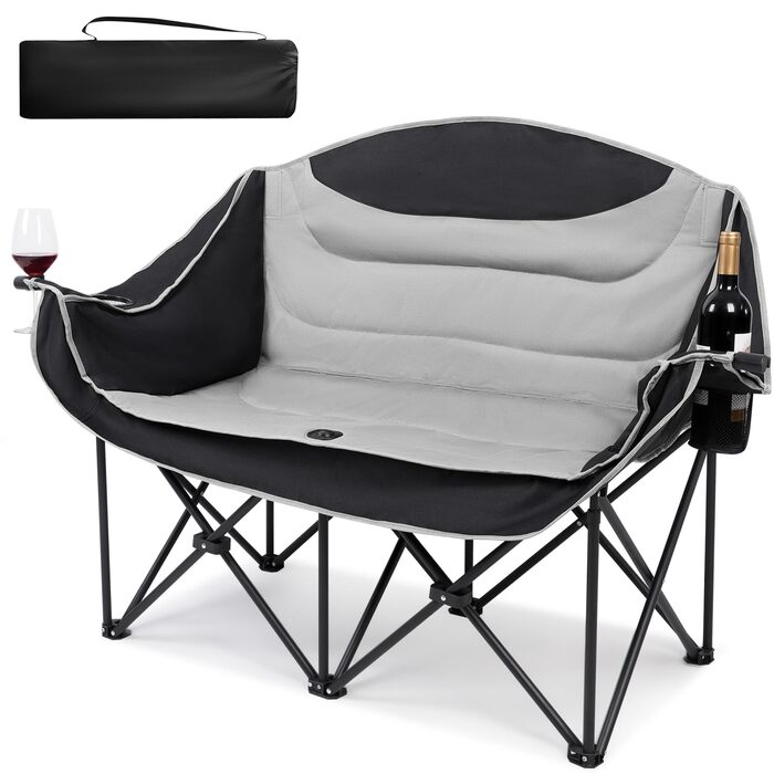 Кампанінг стілець подвійний великий, м'який, з підсклянником, складаний для 2 осіб, чорно-білий
