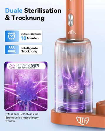 Електрична звукова зубна щітка JTF з УФ-дезінфекцією та сушінням, бездротова зарядка, 5 режимів чищення, 6 насадок, стаканчик для полоскання, акумуляторна для дому та подорожей (Помаранчева)