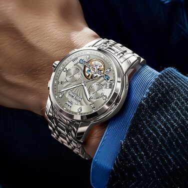 Чоловічий механічний годинник OLEVS 7088 з автопідзаводом, турбійоном та календарем, водонепроникний, сріблясто-сірий