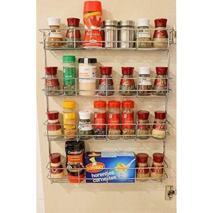 Copa 4-Tier Spice Rack Chrome - Hanging Spice Rack - Wall Spice Rack for 4 x 8 Spice Jars (without jars) - Hanging Spice Stand - Spice Rack for Kitchen Cabinet – Space-Saving Kitchen Shelf