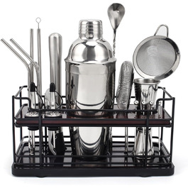 Набір для коктейлів Boston Cocktail Shaker Set 20 предметів з підставкою, 825 мл, нержавіюча сталь, для дому, професійний, з аксесуарами та рецептами, ідеальний подарунковий набір (сріблястий)