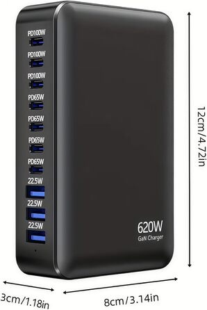 Зарядний пристрій USB-C 620W, 10 портів: Швидка зарядка PD PPS 100W, USB-C для MacBook Pro/Air, iPad, iPhone 16/15/14/13/12 Pro Max, Samsung