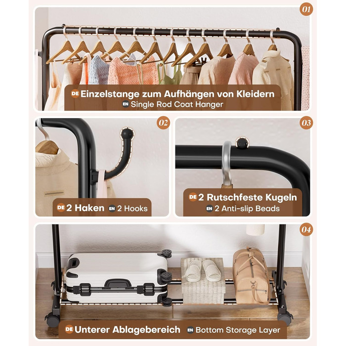 Міцний вішак для одягу на коліщатках Yorbay: металева стійка з полицею для багажу - компактна шафа для спальні, пральні, магазину (чорний, 117 см)