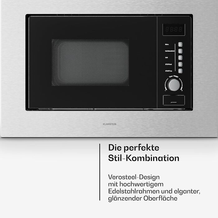 Мікрохвильова піч Klarstein Verosteel вбудована 60 см з грилем – 20L, 700W, 8 програм, сенсорне керування, нержавіюча сталь, функція розморожування, LED-підсвічування