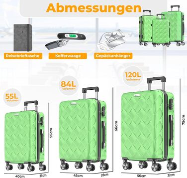 Набір валіз KESSER® 3 шт. | ABS валізи з кодовим замком, ваговою валізою та органайзером для подорожей | Валізи для ручної поклажі та великі валізи для бізнесу та подорожей (Apple Green)