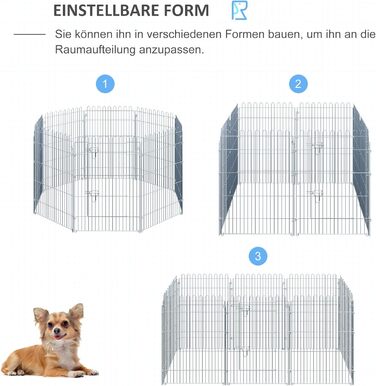 PawHut Вольєр для цуценят/собак, 8 панелей, 63B x 91H см, срібний, для собак, котів, цуценят, вольєр для собак на вулицю