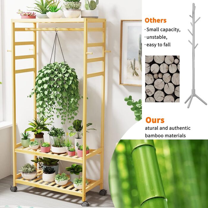 Bamboo Coat Rack, Clothes Rack with 3 Shelves and 10 Hooks, Laundry Rack with Clothes Rod, for Entryway, Living Room and Office, 80x43.5x165cm (Natural3)