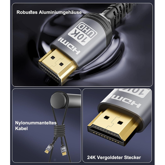 HDMI 2.1 кабель Snokco 10K 8K 3 метри, сертифікований, 48Gbps, Ultra High Speed, 4K 240Hz, 8K 60Hz, eARC, HDCP 2.3, DTS:X, HDR10+, для TV, монітора, проектора, Roku, PS5, X-box