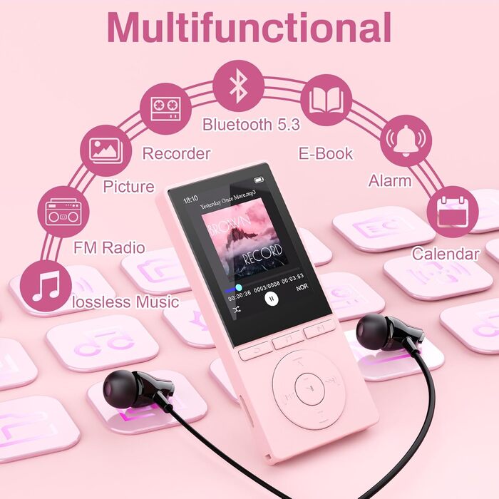 MP3 плеєр 64GB Bluetooth 5.3 з динаміком, HiFi звук, запис голосу, E-book, рожевий. Підтримка TF карти 128GB для спорту