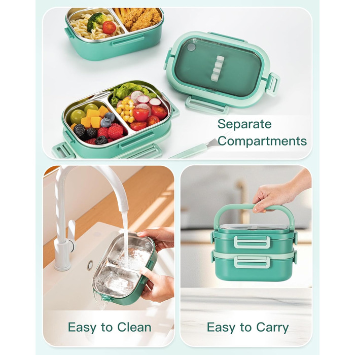 Ланчбокс Lille Home з 2 ярусами, 4 відділення, 1650 мл, з посудом, BPA-free, не протікає (Зелений)
