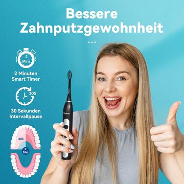 Електрична зубна щітка Lächen Sonic RM-T8B з 4 насадками, таймером, 3 режимами та 3 рівнями вібрації, у комплекті з чохлом для подорожей. Кольори: білий/чорний
