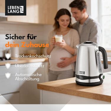 Чайник електричний LEBENLANG з нержавіючої сталі з регулюванням температури, тихий, з дисплеєм та функцією підтримання тепла - 1,7 л, 2200W, ретро без пластику