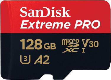 Карта пам'яті SanDisk Extreme PRO microSDXC UHS-I 128 GB з адаптером та RescuePRO Deluxe (A2, Class 10, V30, U3, до 200 МБ/с) для смартфонів, екшн-камер та дронів, чорна