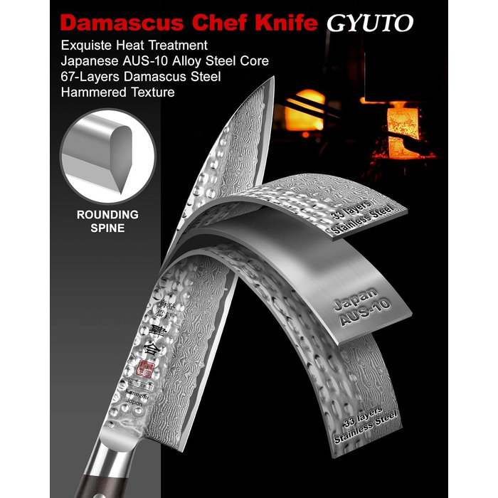 Ніж кухарський Kanngou Gyuto 21 см, японська дамаська сталь (67 шарів), рукоять з чорного дерева, професійний ніж у подарунковій коробці